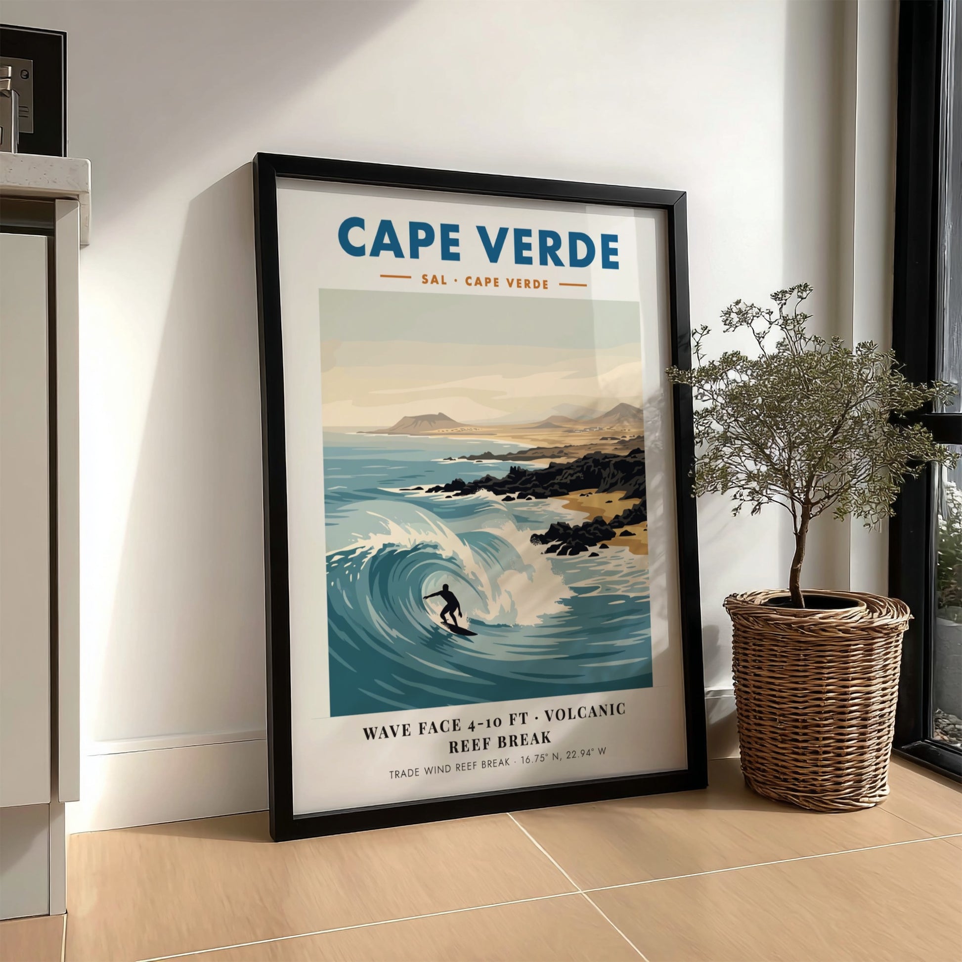 Cape Verde surf poster featuring a surfer on a wave with volcanic hills.