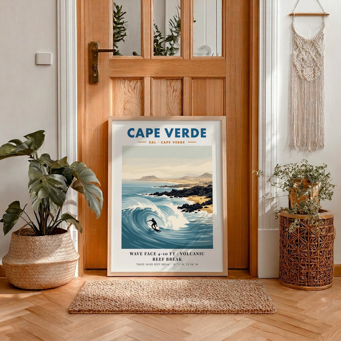 Cape Verde surf poster featuring a surfer on a wave with volcanic hills.
