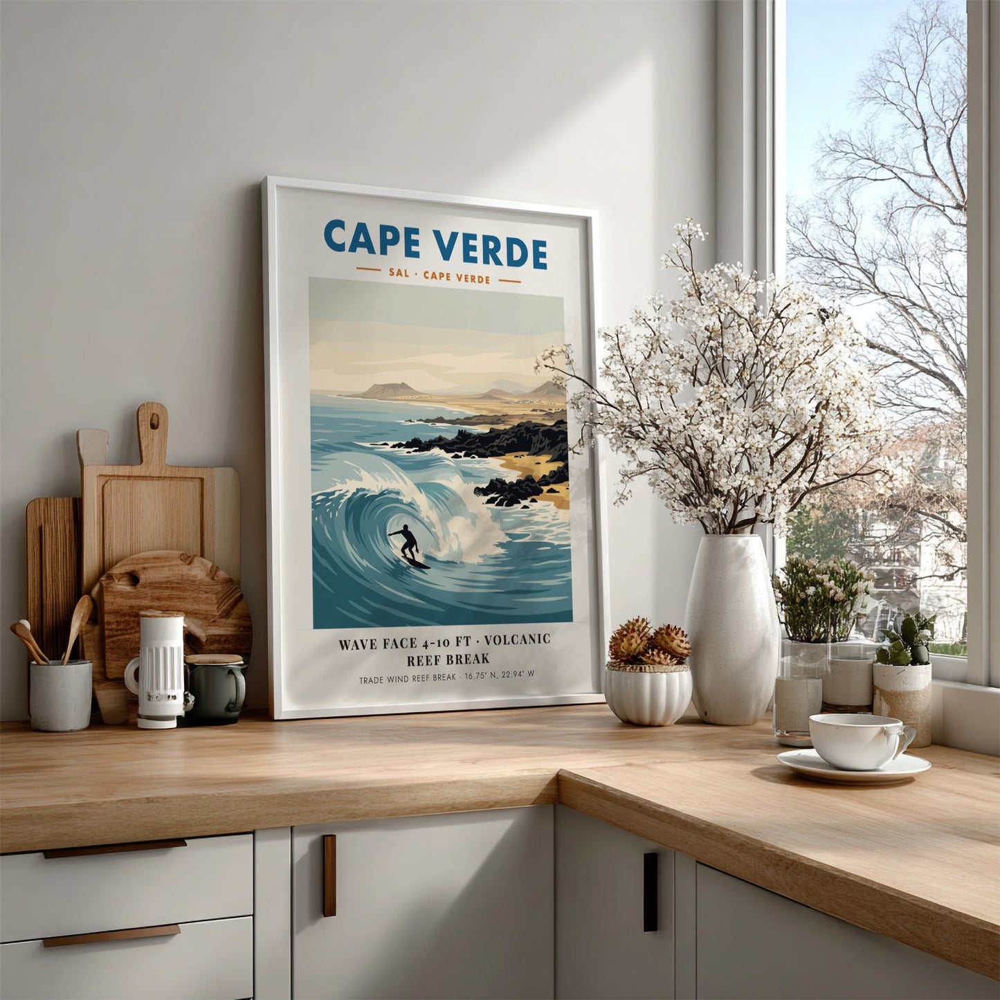 Cape Verde surf poster featuring a surfer on a wave with volcanic hills.