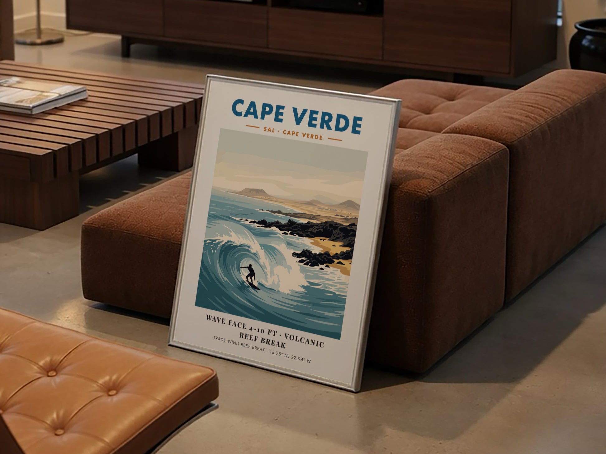 Cape Verde surf poster featuring a surfer on a wave with volcanic hills.