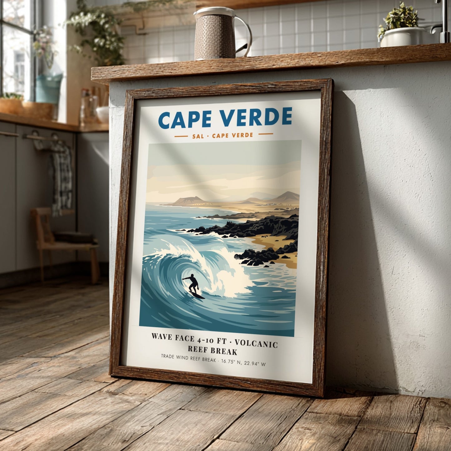 Cape Verde surf poster featuring a surfer on a wave with volcanic hills.