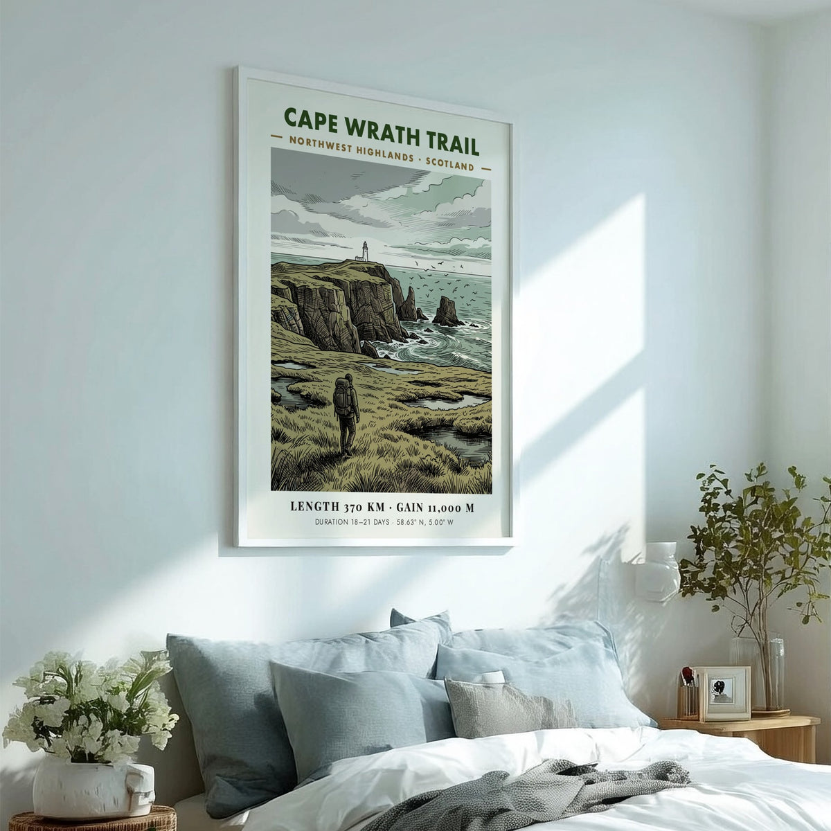 Poster of a hiker walking towards a lighthouse on the Scottish Cape Wrath Trail.