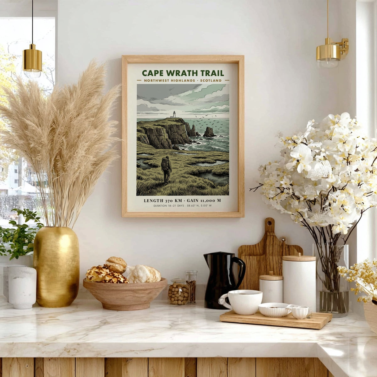 Poster of a hiker walking towards a lighthouse on the Scottish Cape Wrath Trail.