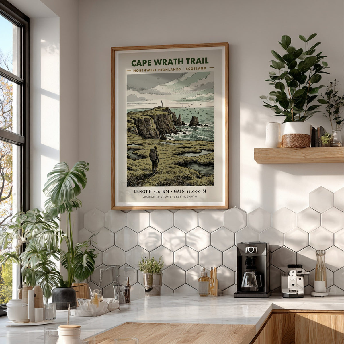 Poster of a hiker walking towards a lighthouse on the Scottish Cape Wrath Trail.
