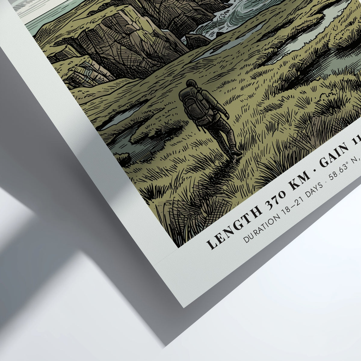 Poster of a hiker walking towards a lighthouse on the Scottish Cape Wrath Trail.