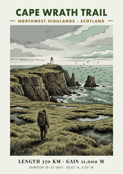Poster of a hiker walking towards a lighthouse on the Scottish Cape Wrath Trail.
