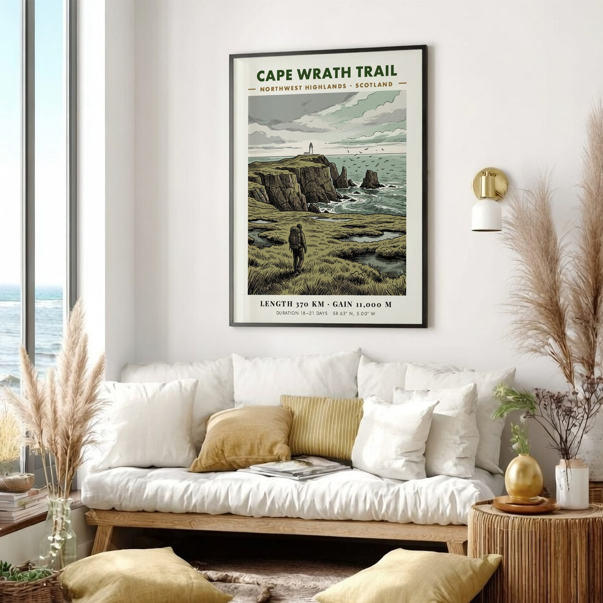 Poster of a hiker walking towards a lighthouse on the Scottish Cape Wrath Trail.