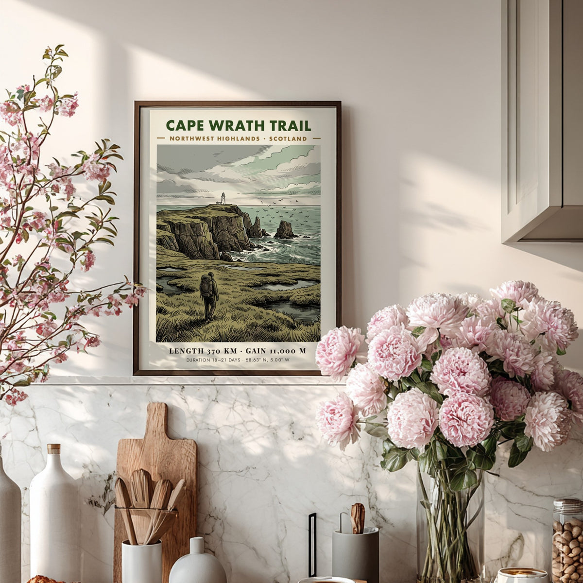 Poster of a hiker walking towards a lighthouse on the Scottish Cape Wrath Trail.