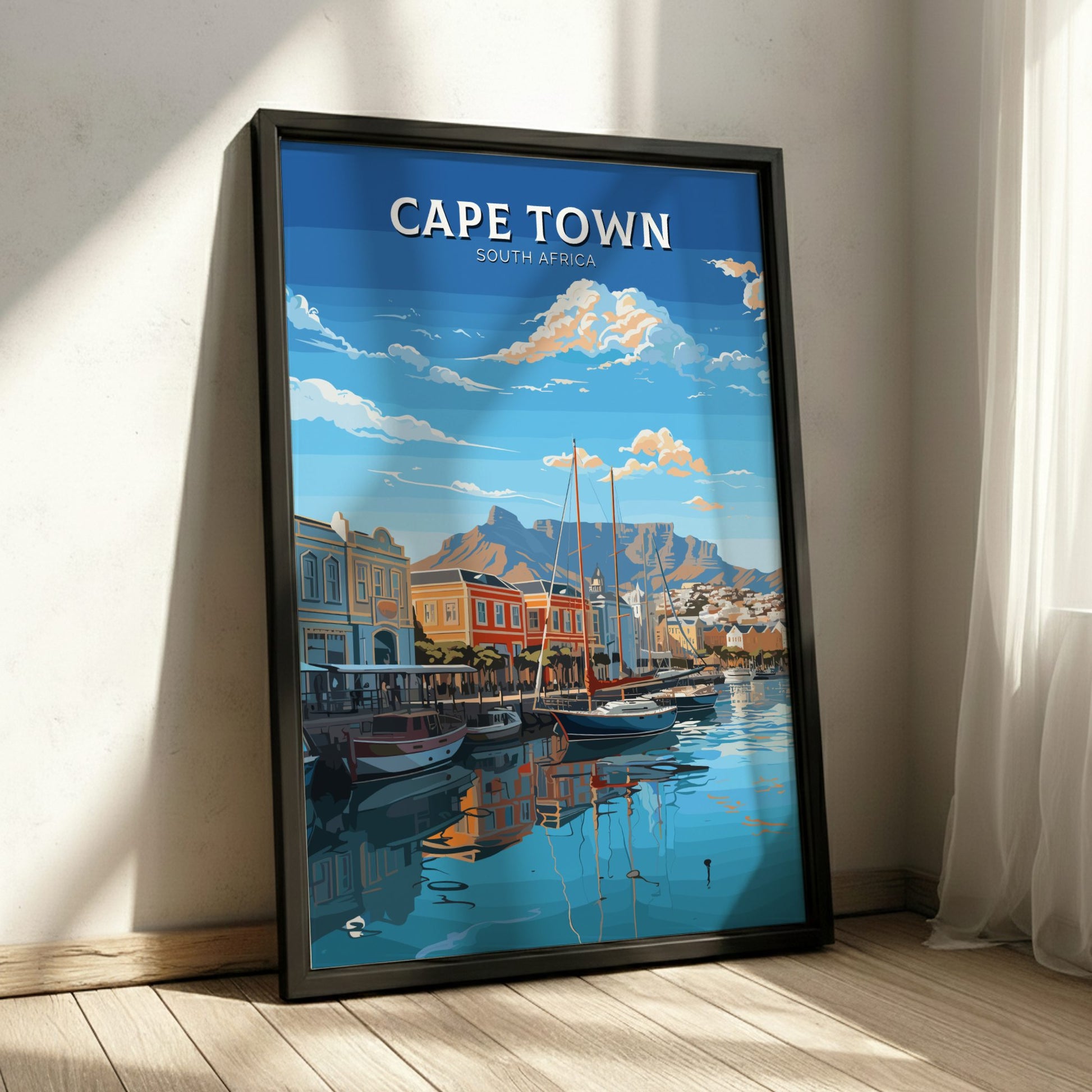 Framed artwork of Cape Town, South Africa with a harbor scene.