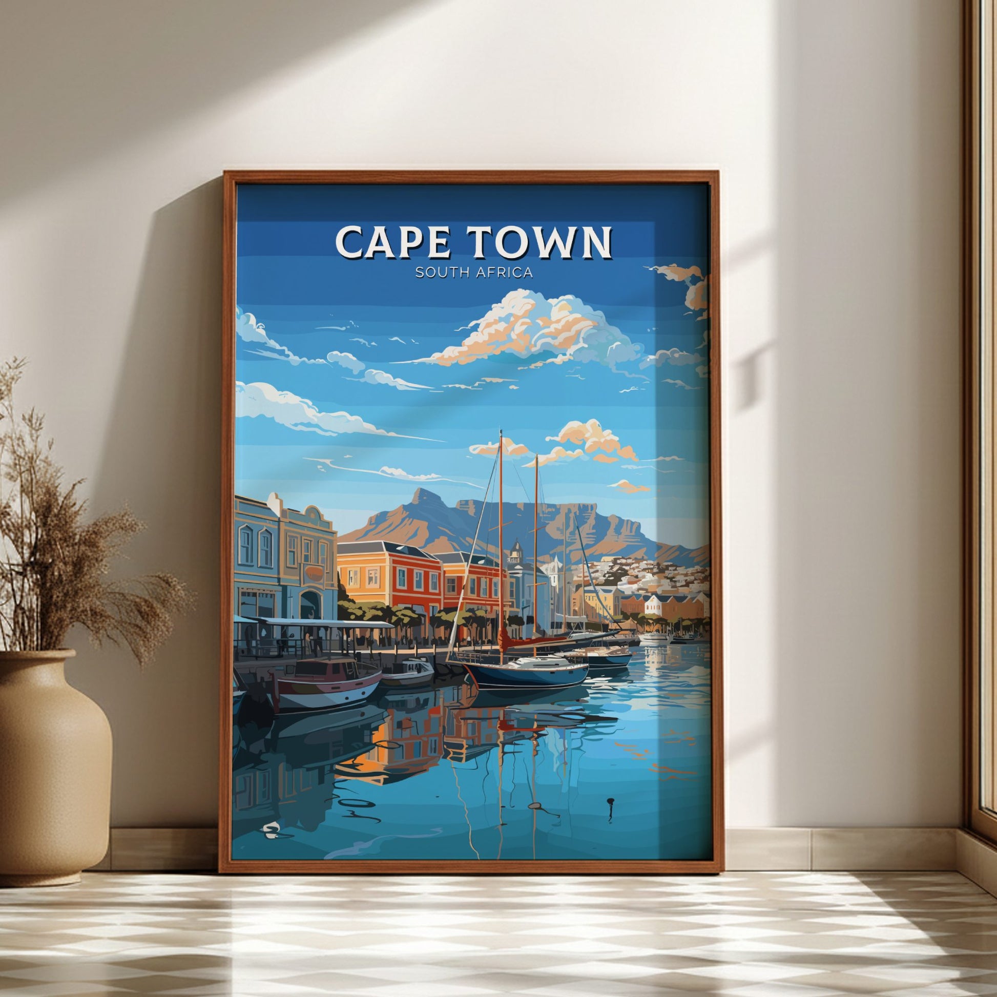Framed artwork of Cape Town with a harbor scene and Table Mountain.
