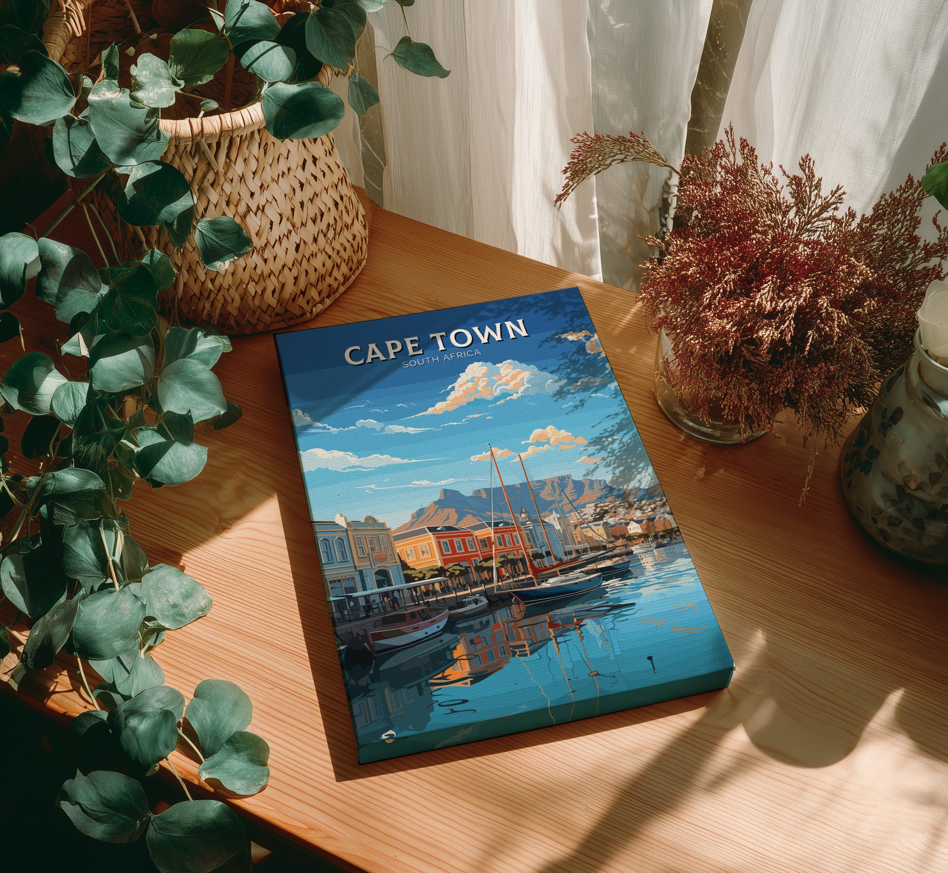 Canvas artwork of 'Cape Town' on a wooden table with plants around