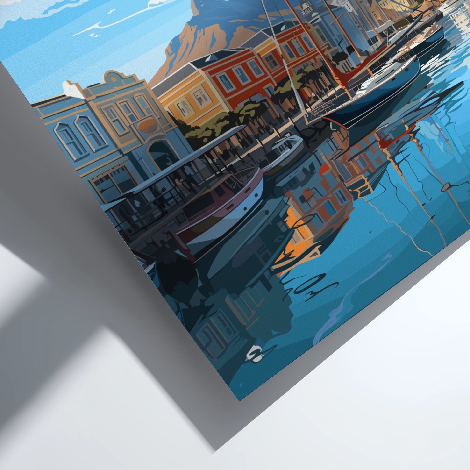 Harbor scene with boats and buildings reflected in water, framed by a white border.