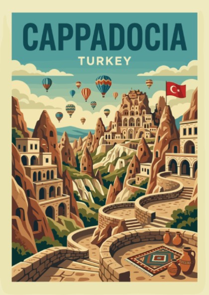 Vintage Cappadocia travel poster with hot air balloons and fairy chimneys in a retro art style.