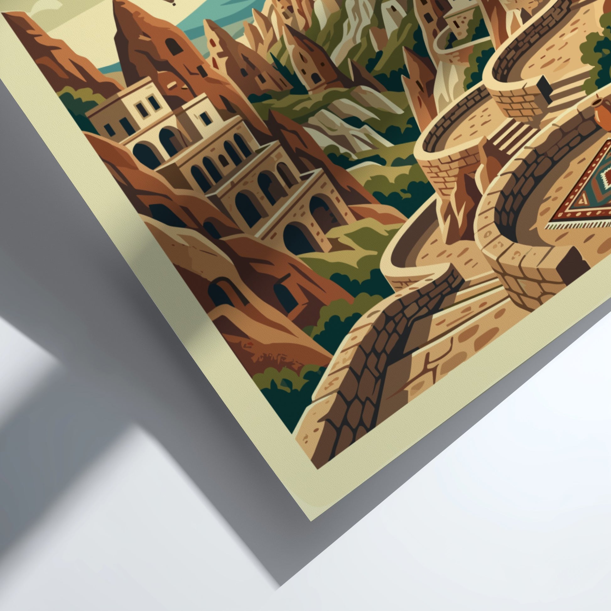 Vintage Cappadocia travel poster with hot air balloons and fairy chimneys in a retro art style.