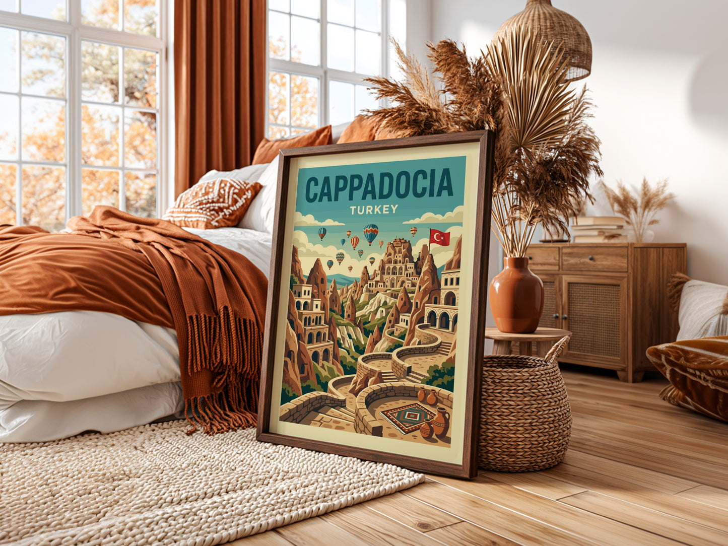 Vintage Cappadocia travel poster with hot air balloons and fairy chimneys in a retro art style.