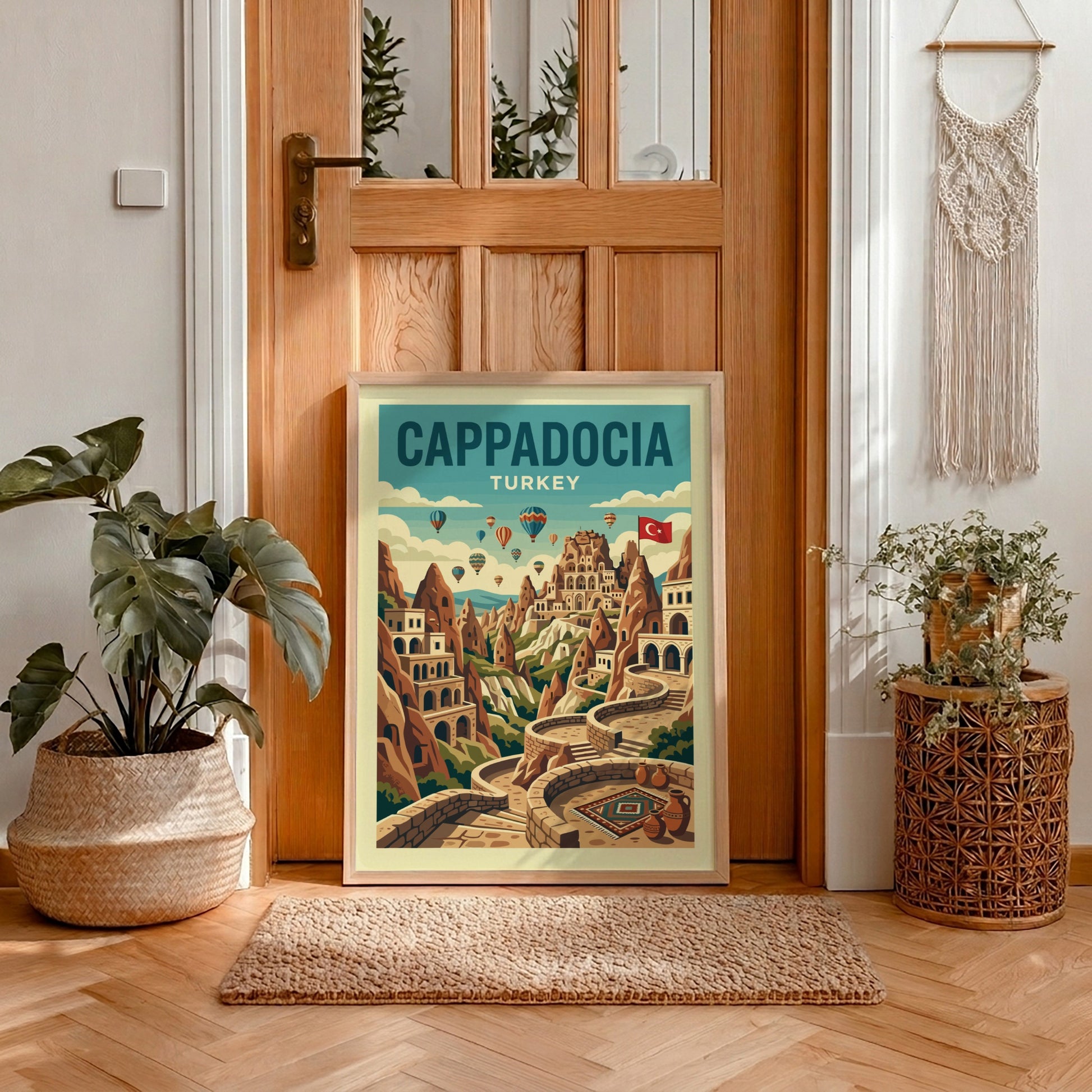 Vintage Cappadocia travel poster with hot air balloons and fairy chimneys in a retro art style.