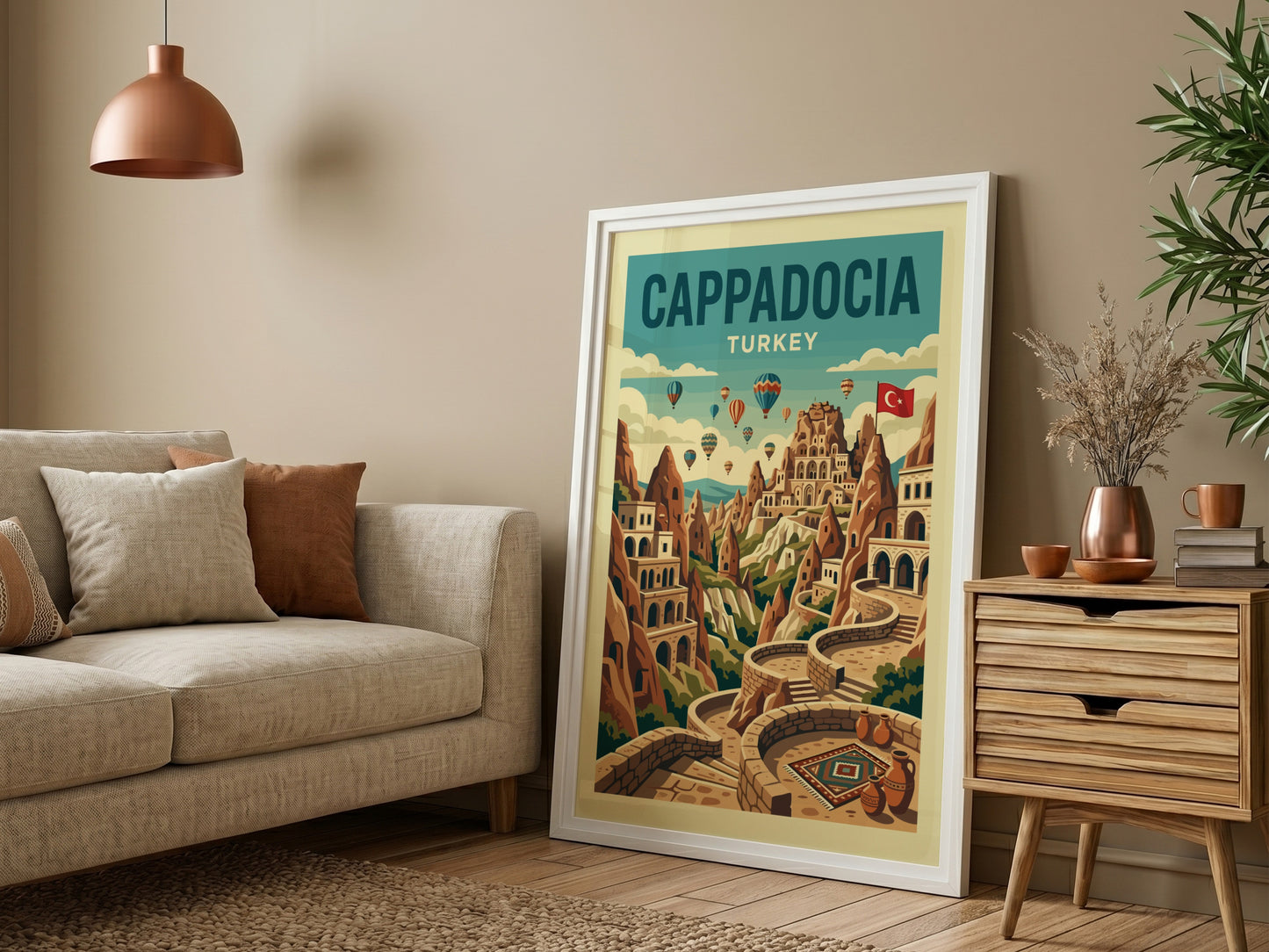 Vintage Cappadocia travel poster with hot air balloons and fairy chimneys in a retro art style.