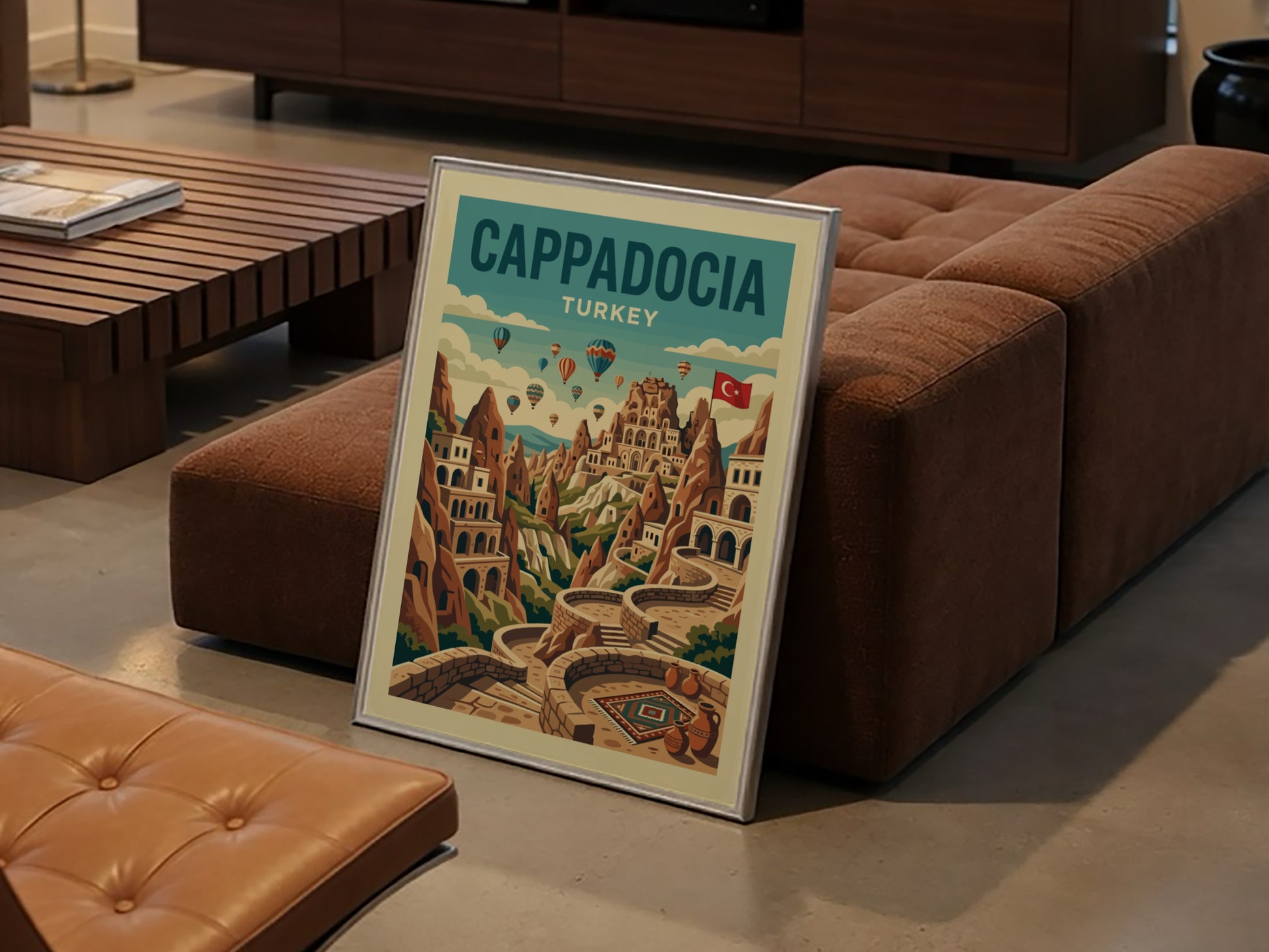 Vintage Cappadocia travel poster with hot air balloons and fairy chimneys in a retro art style.