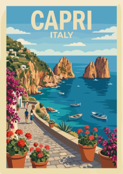 Poster of Capri Italy featuring a stone walkway, blooming flowers, and coastal cliffs.