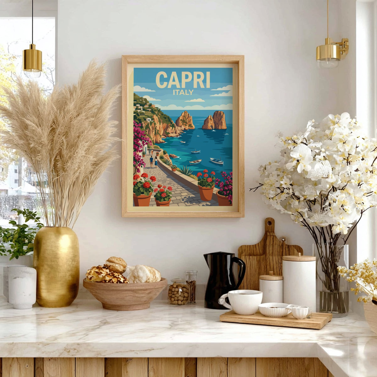 Poster of Capri Italy featuring a stone walkway, blooming flowers, and coastal cliffs.