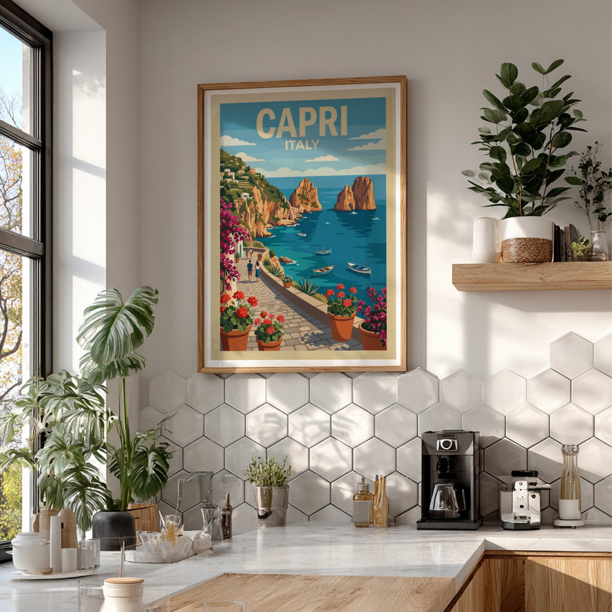 Poster of Capri Italy featuring a stone walkway, blooming flowers, and coastal cliffs.