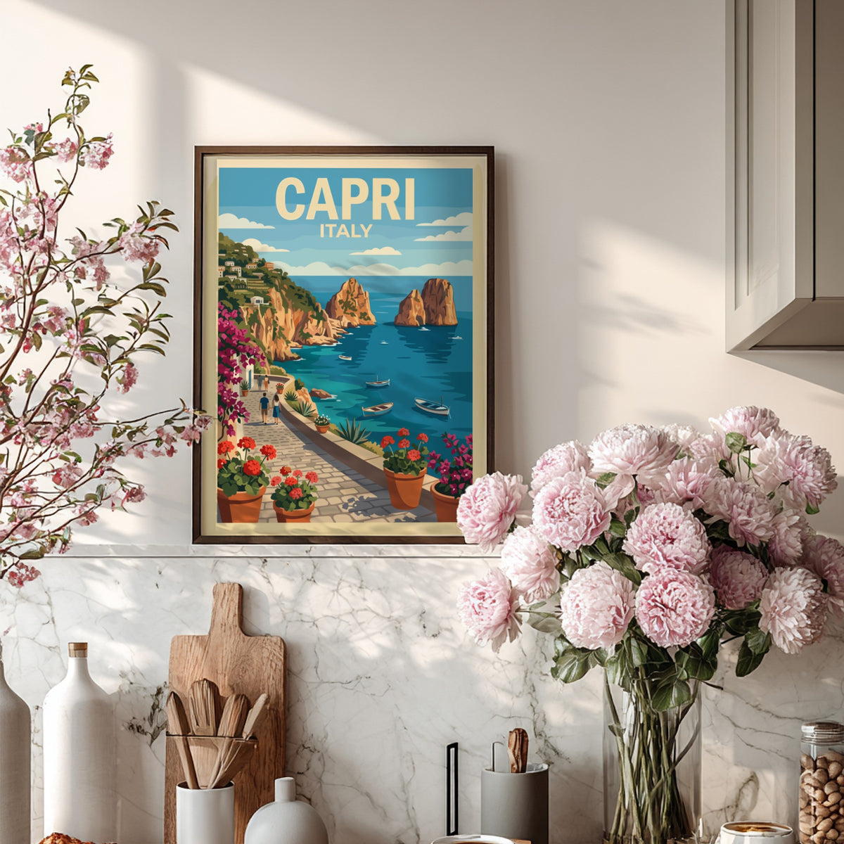 Poster of Capri Italy featuring a stone walkway, blooming flowers, and coastal cliffs.