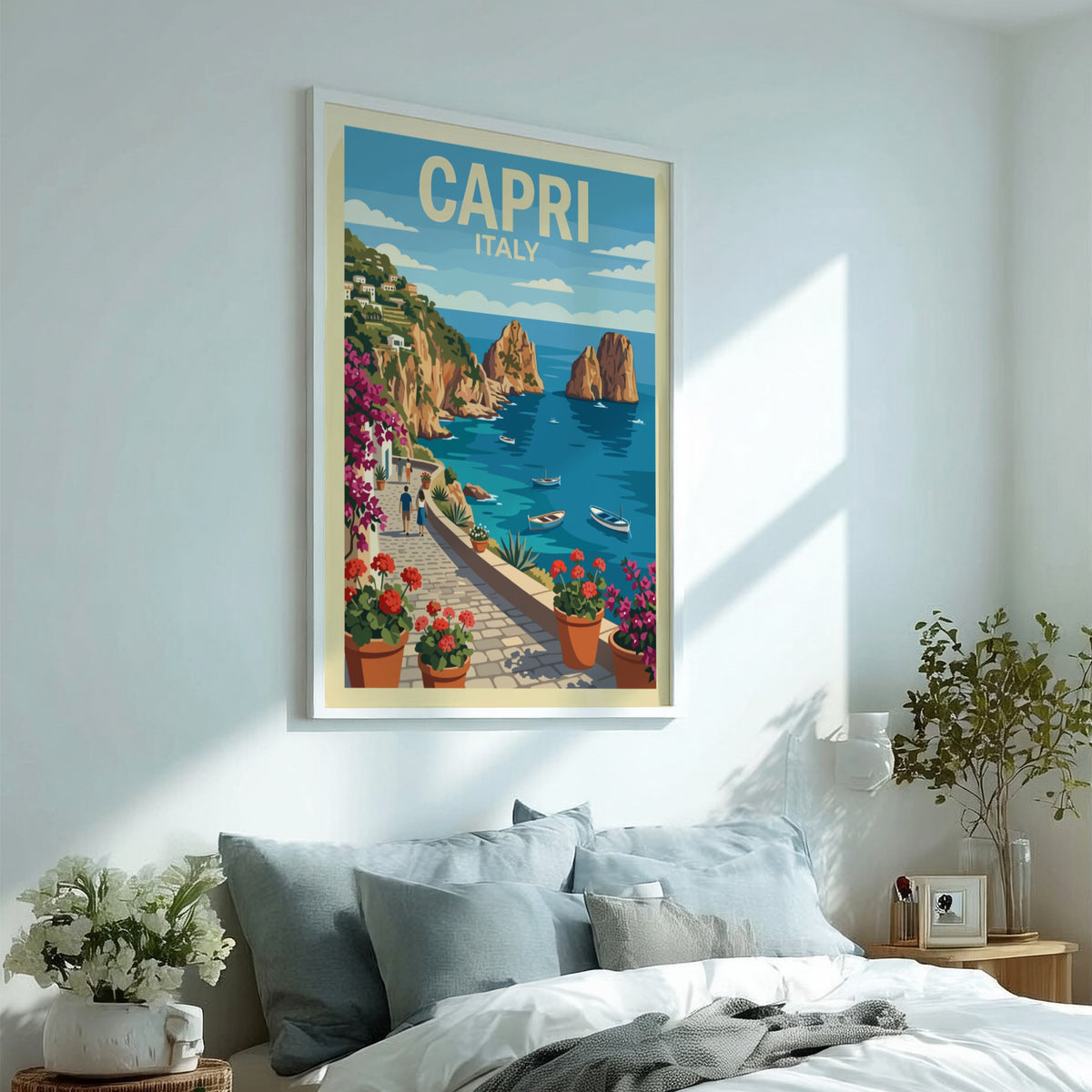 Poster of Capri Italy featuring a stone walkway, blooming flowers, and coastal cliffs.
