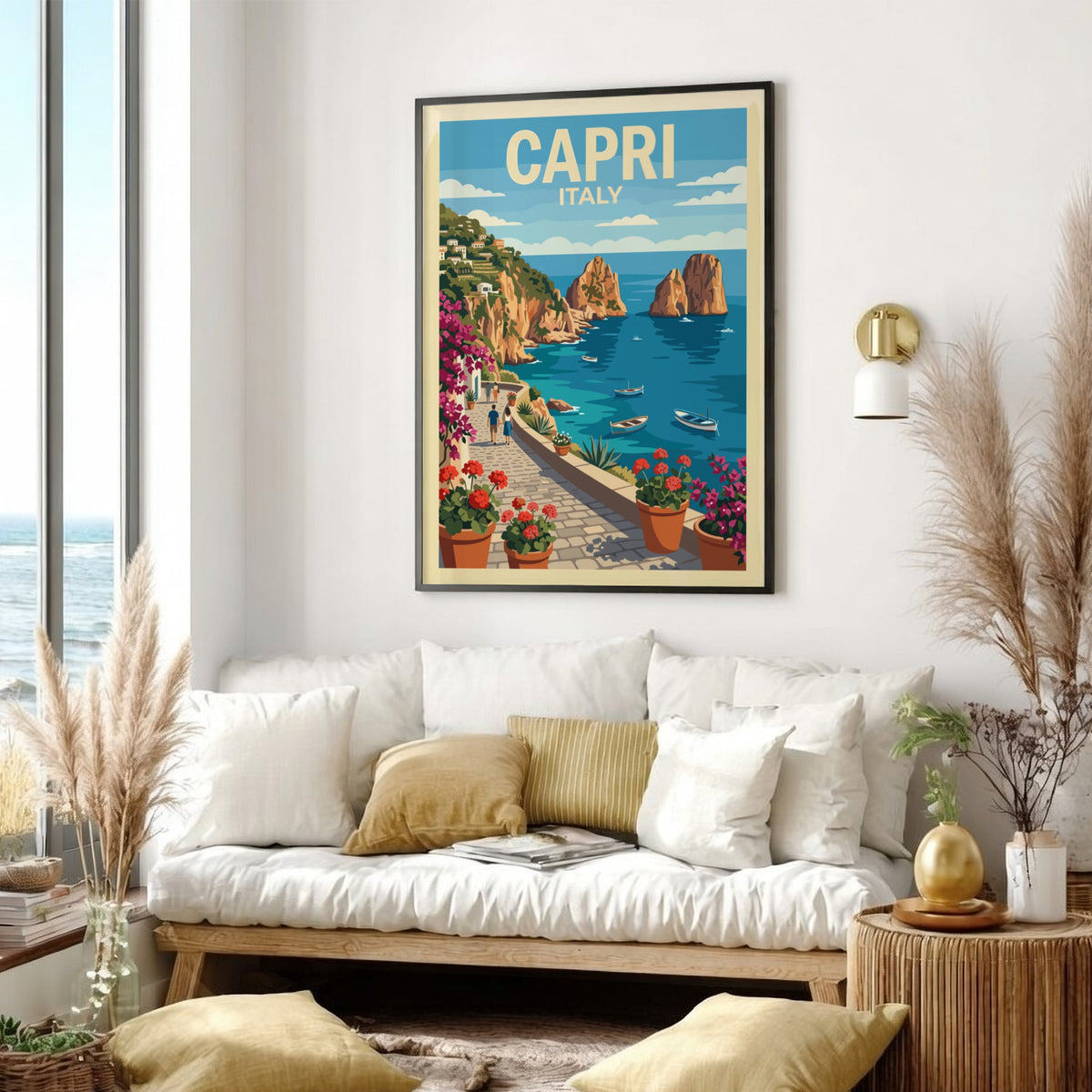 Poster of Capri Italy featuring a stone walkway, blooming flowers, and coastal cliffs.