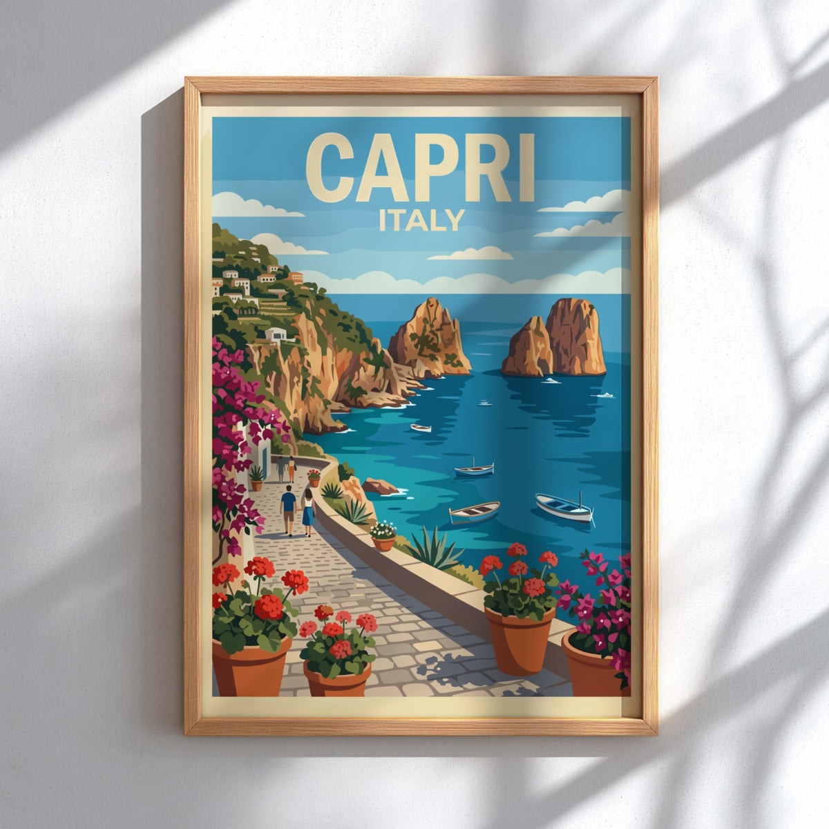 Poster of Capri Italy featuring a stone walkway, blooming flowers, and coastal cliffs.