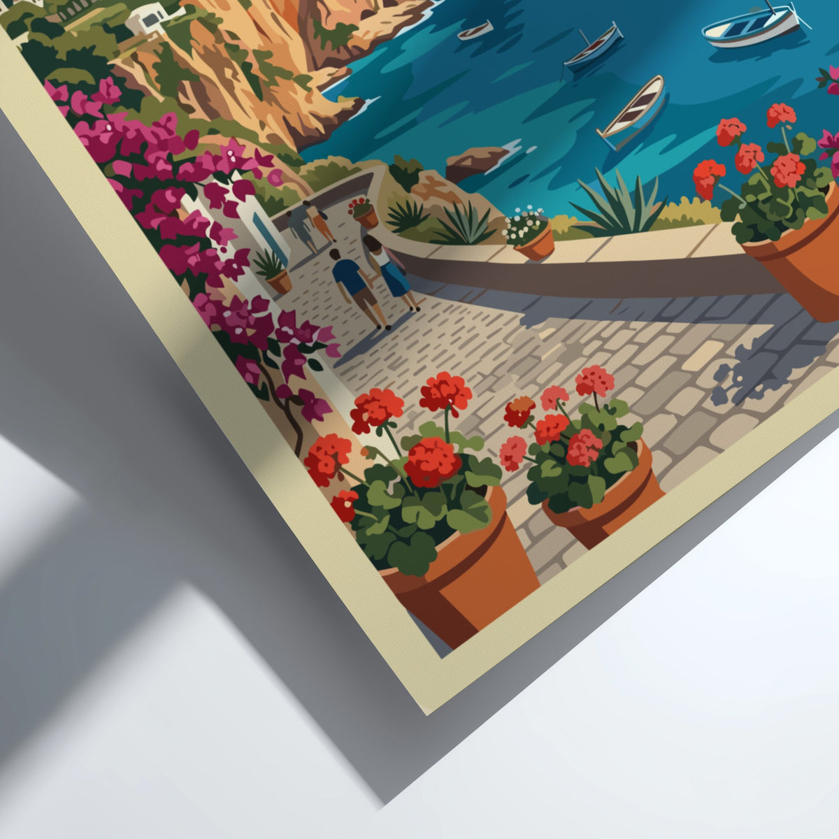 Poster of Capri Italy featuring a stone walkway, blooming flowers, and coastal cliffs.