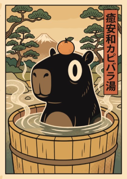 Poster of a black capybara with an orange on its head in a wooden bath.