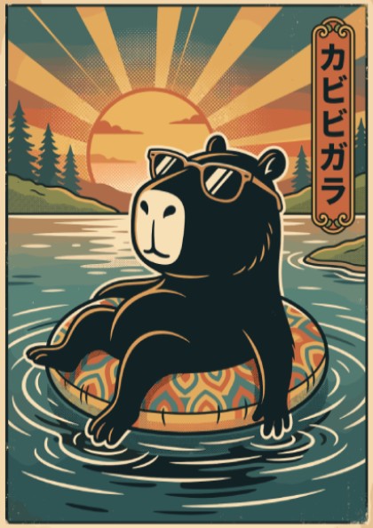 Poster of a black capybara wearing sunglasses floating on a pool ring at sunset