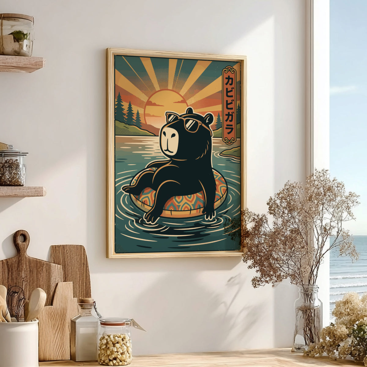 Poster of a black capybara wearing sunglasses floating on a pool ring at sunset