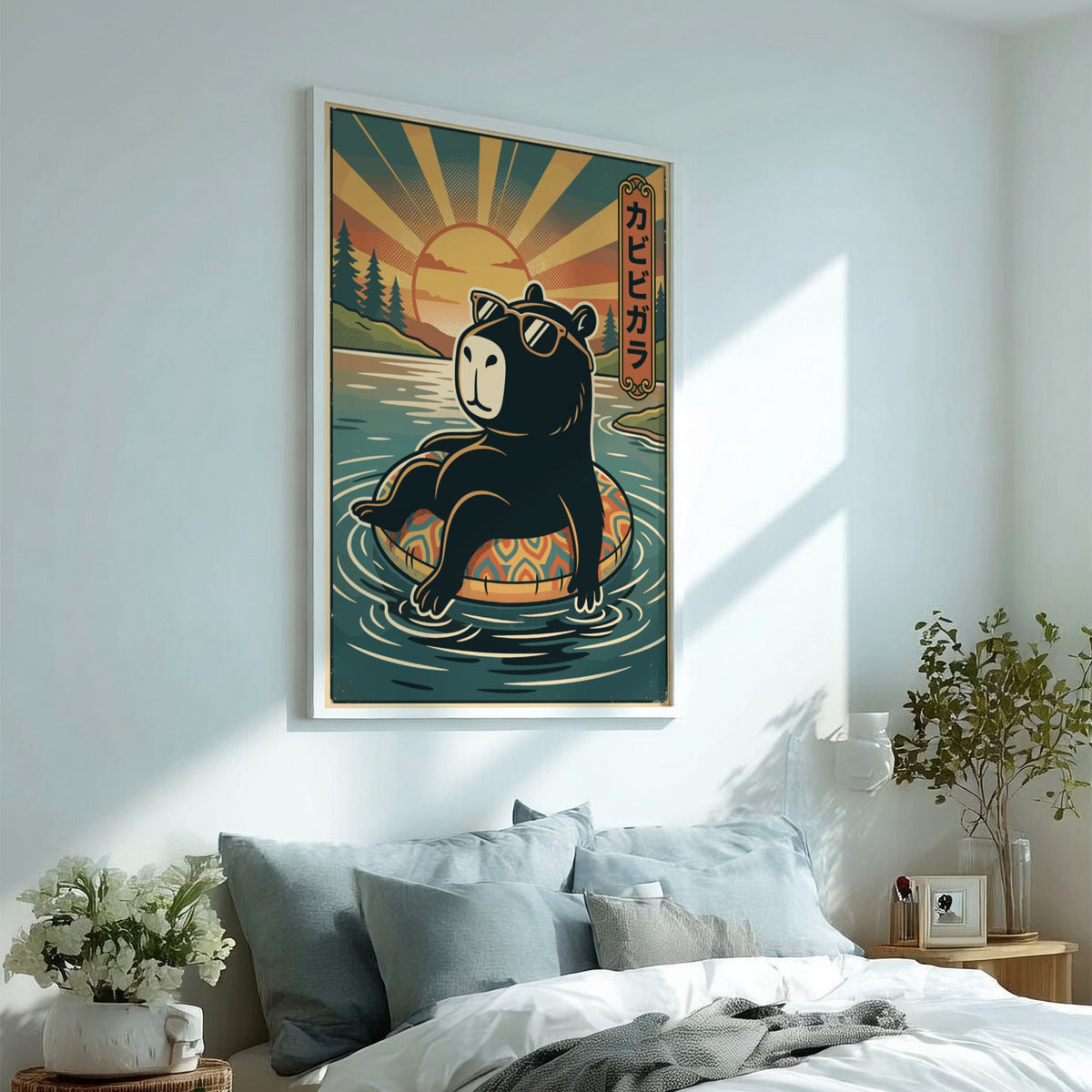 Poster of a black capybara wearing sunglasses floating on a pool ring at sunset