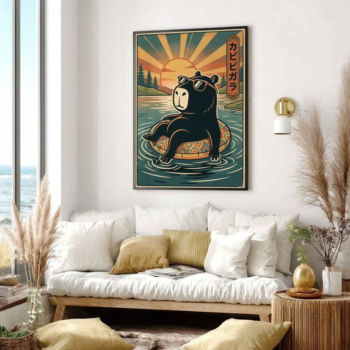 Poster of a black capybara wearing sunglasses floating on a pool ring at sunset