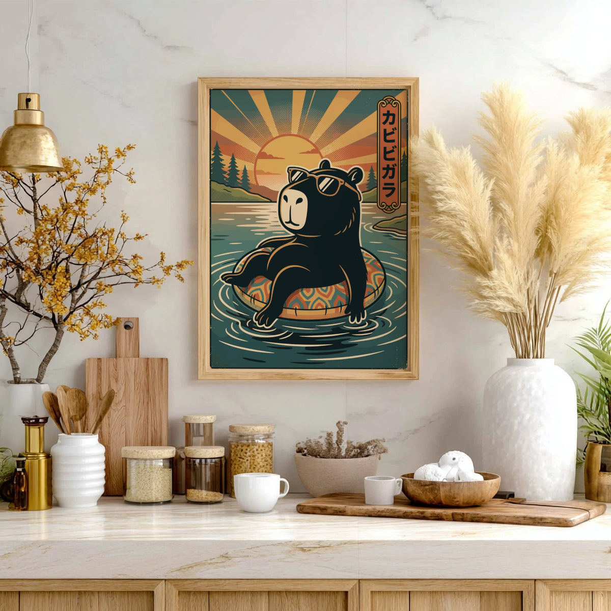 Poster of a black capybara wearing sunglasses floating on a pool ring at sunset