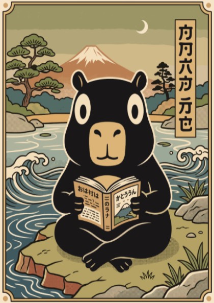 Poster featuring a black capybara reading a book by a lake near Mount Fuji