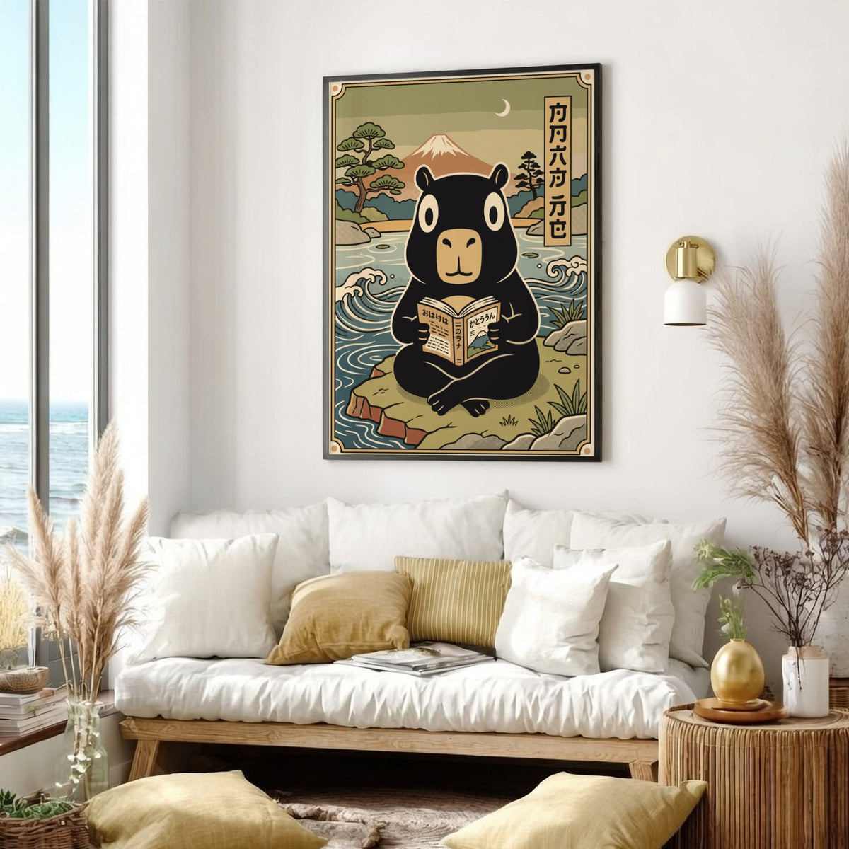 Poster featuring a black capybara reading a book by a lake near Mount Fuji