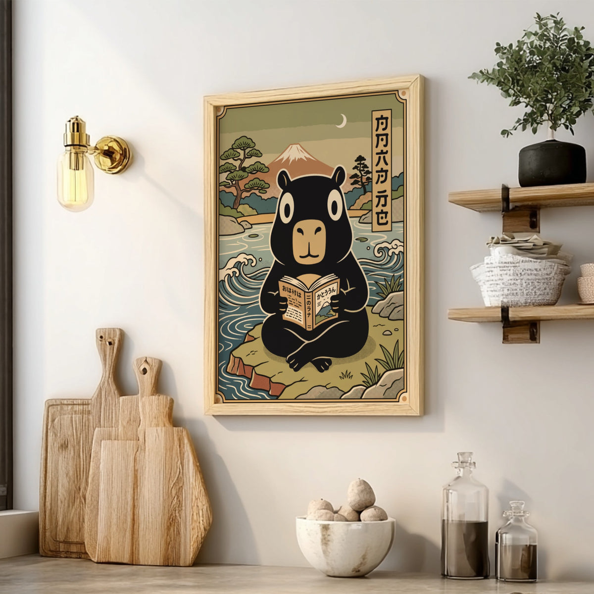 Poster featuring a black capybara reading a book by a lake near Mount Fuji
