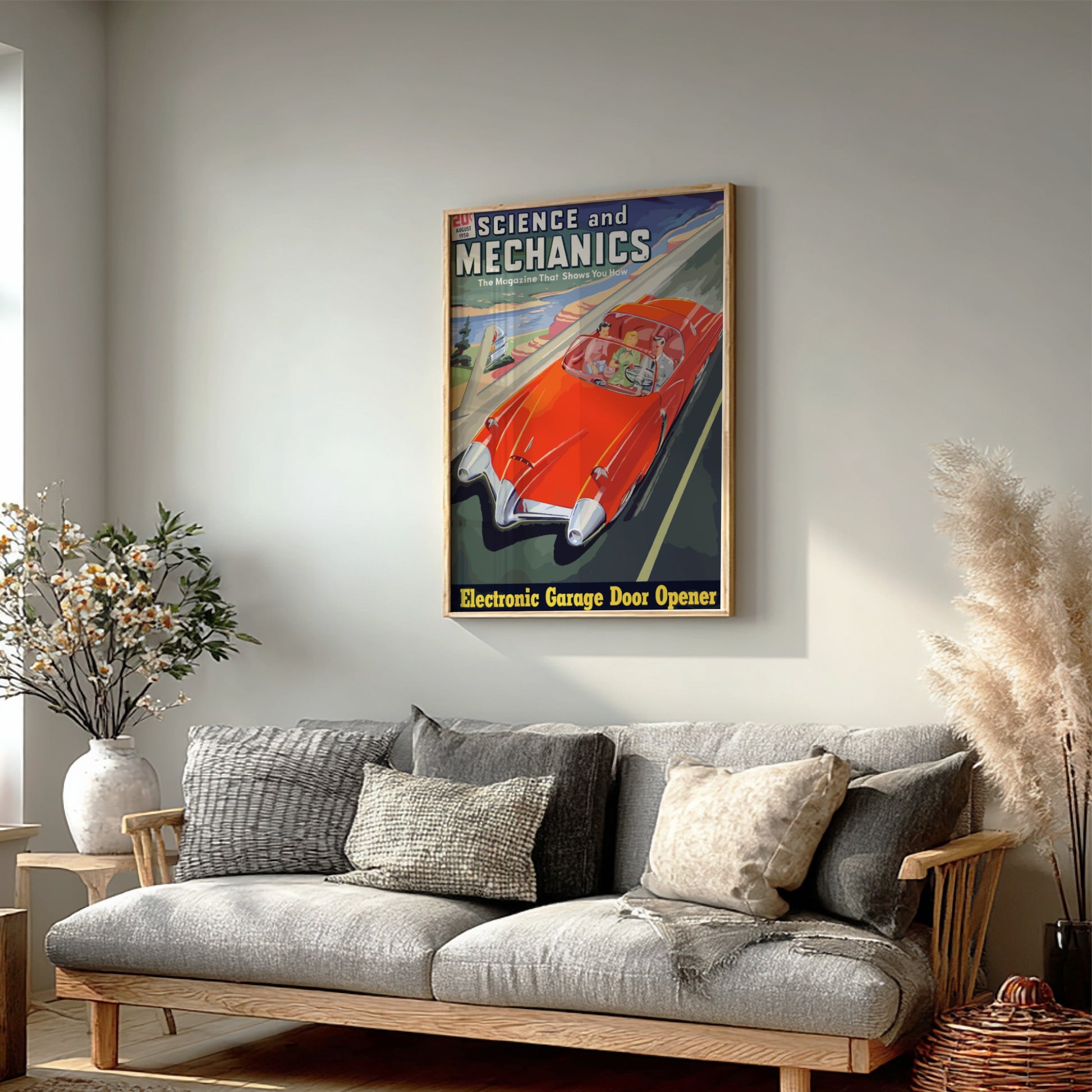 Mid-century modern poster of Raymond Loewy's 'Car of the Future' concept, featuring a red convertible.