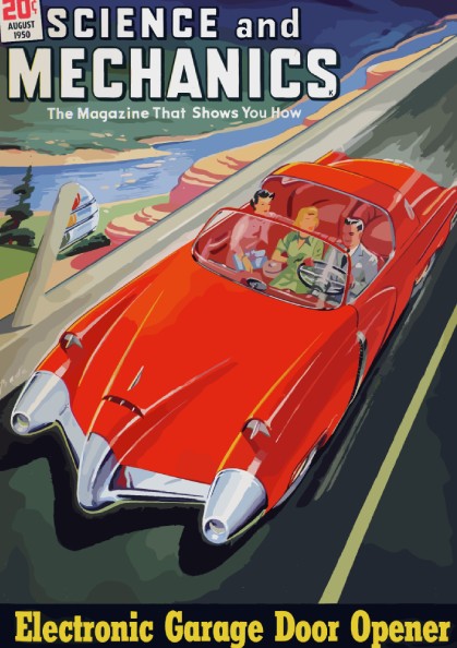 Mid-century modern poster of Raymond Loewy's 'Car of the Future' concept, featuring a red convertible.