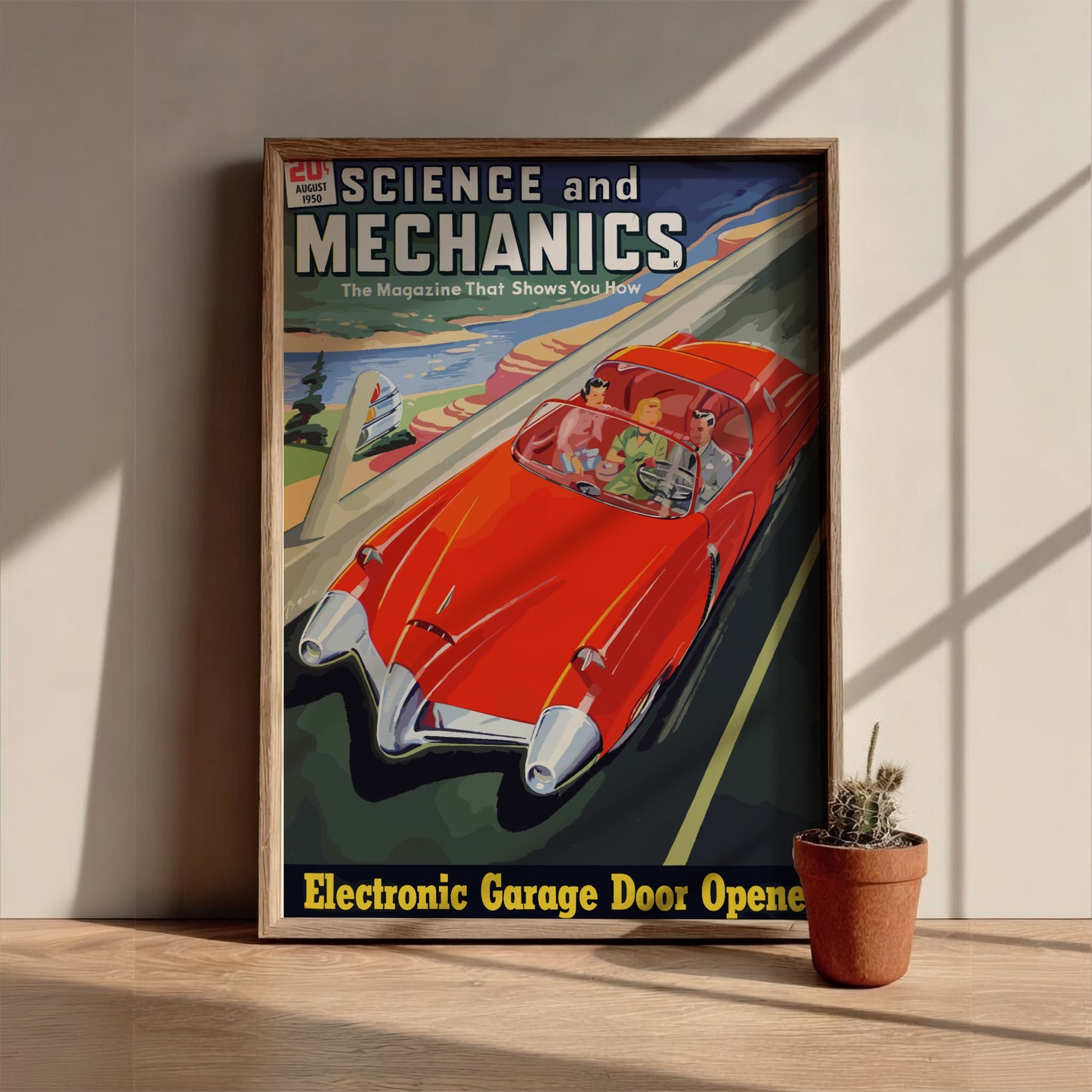 Mid-century modern poster of Raymond Loewy's 'Car of the Future' concept, featuring a red convertible.