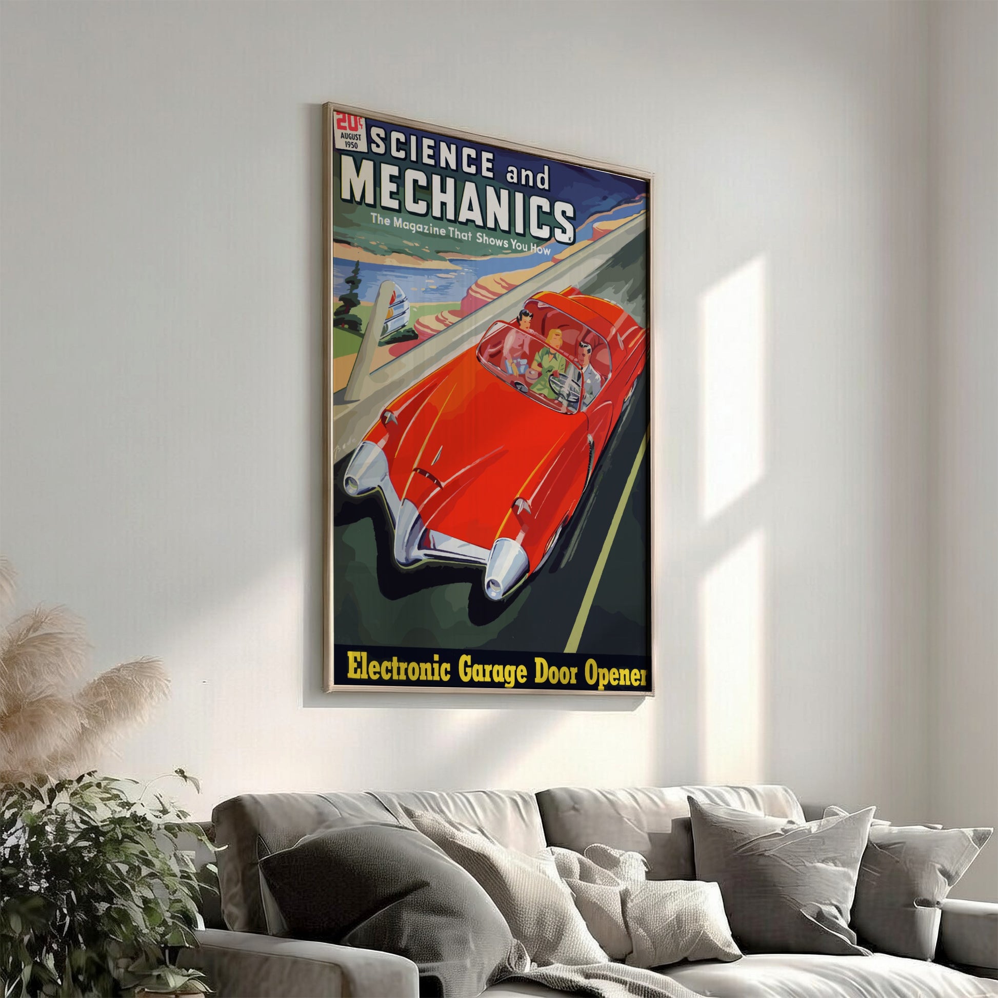 Mid-century modern poster of Raymond Loewy's 'Car of the Future' concept, featuring a red convertible.