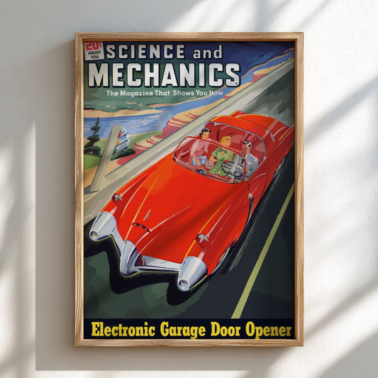 Mid-century modern poster of Raymond Loewy's 'Car of the Future' concept, featuring a red convertible.
