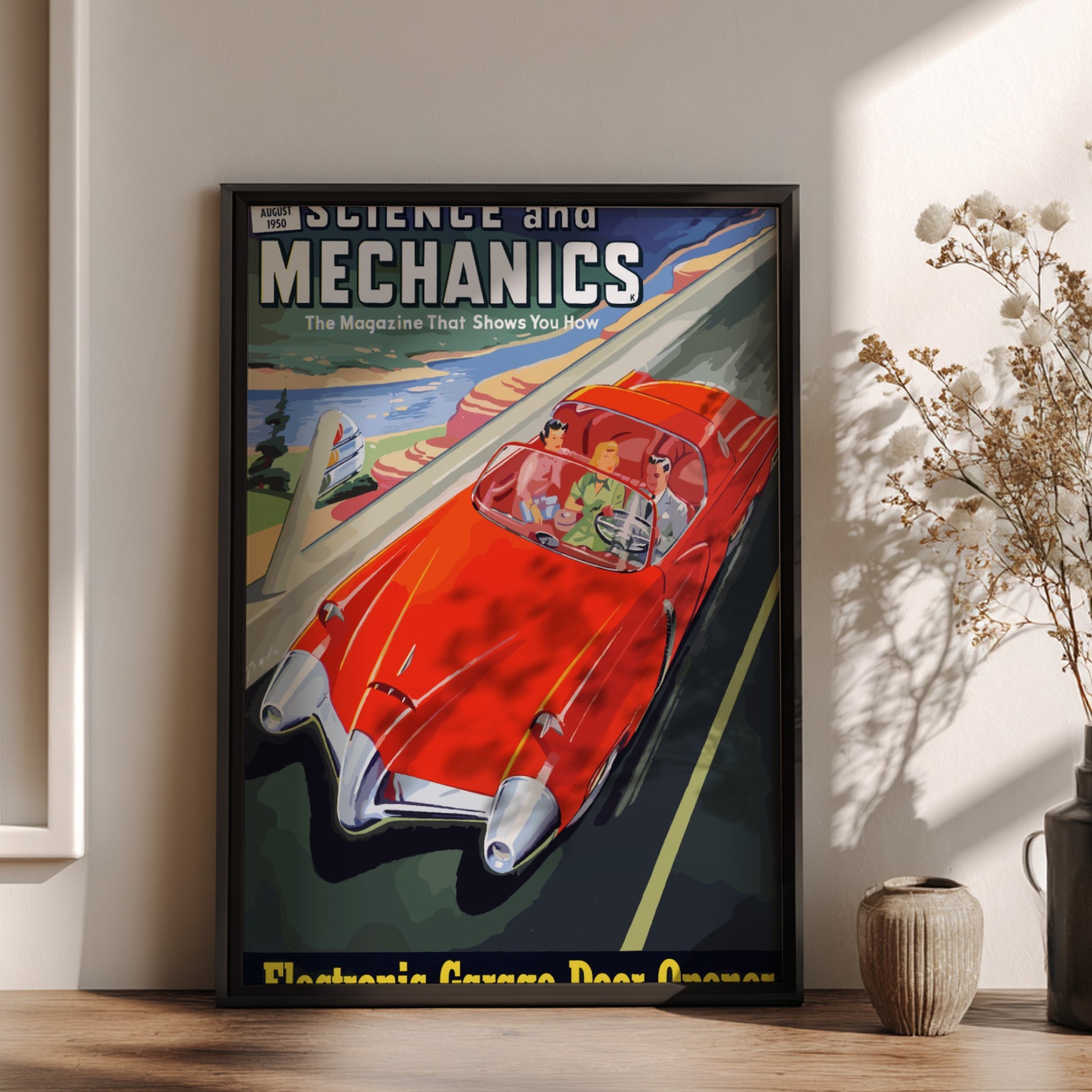 Mid-century modern poster of Raymond Loewy's 'Car of the Future' concept, featuring a red convertible.