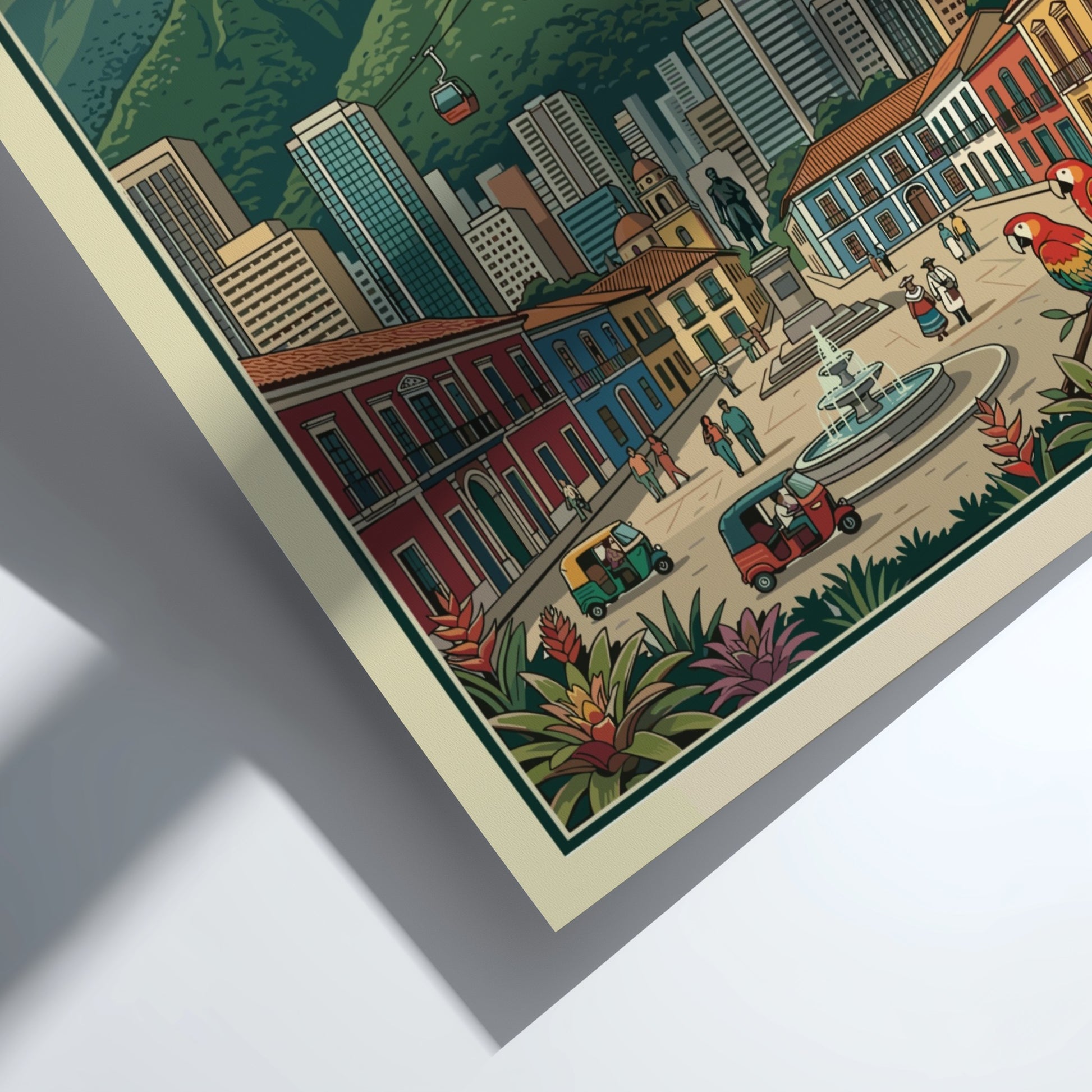 Caracas Venezuela travel poster featuring a bustling city square, mountain backdrop, and tropical macaws.