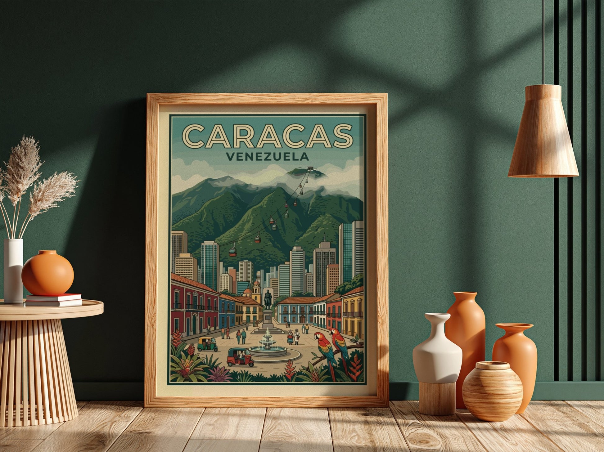 Caracas Venezuela travel poster featuring a bustling city square, mountain backdrop, and tropical macaws.