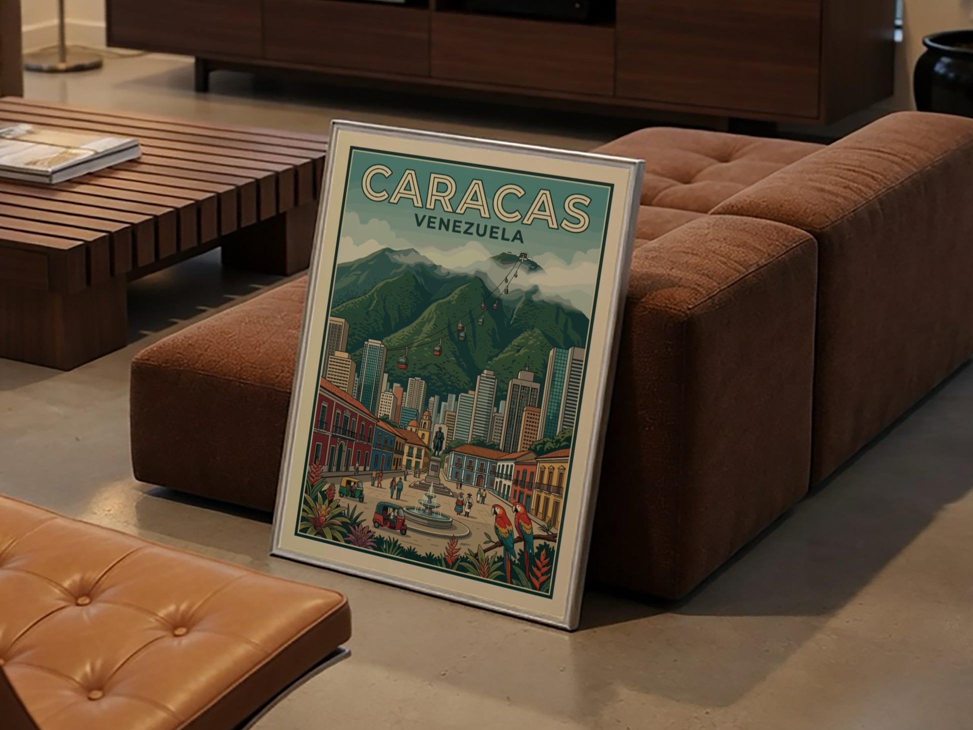 Caracas Venezuela travel poster featuring a bustling city square, mountain backdrop, and tropical macaws.