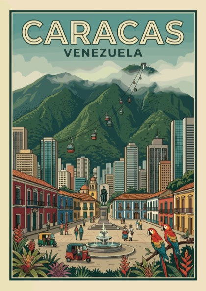 Caracas Venezuela travel poster featuring a bustling city square, mountain backdrop, and tropical macaws.