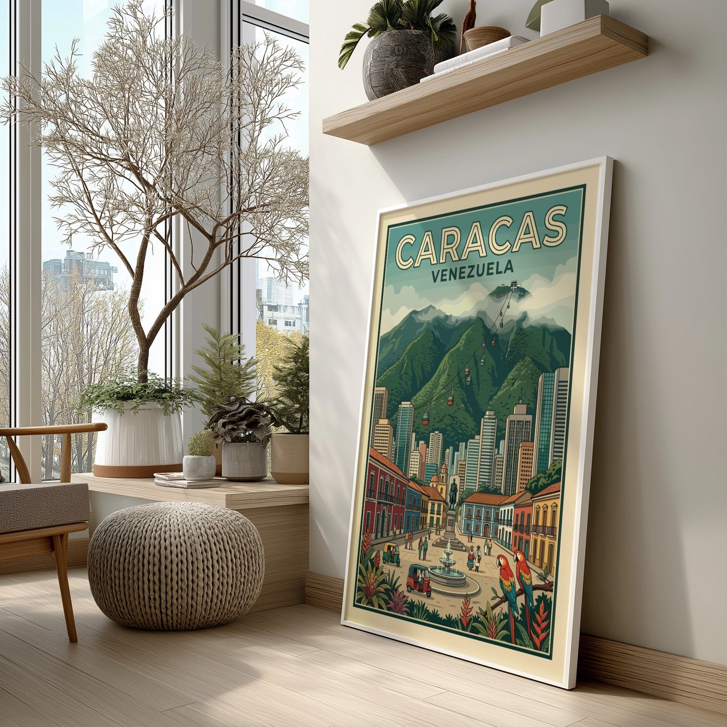 Caracas Venezuela travel poster featuring a bustling city square, mountain backdrop, and tropical macaws.